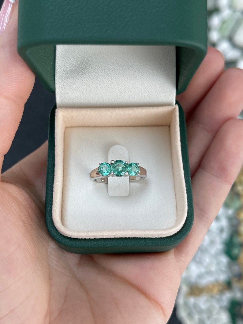 1.65tcw 18K White Gold Prong Emerald Medium Green Round Cut 3 Stone Trilogy Statement Ring - JR Colombian Emeralds