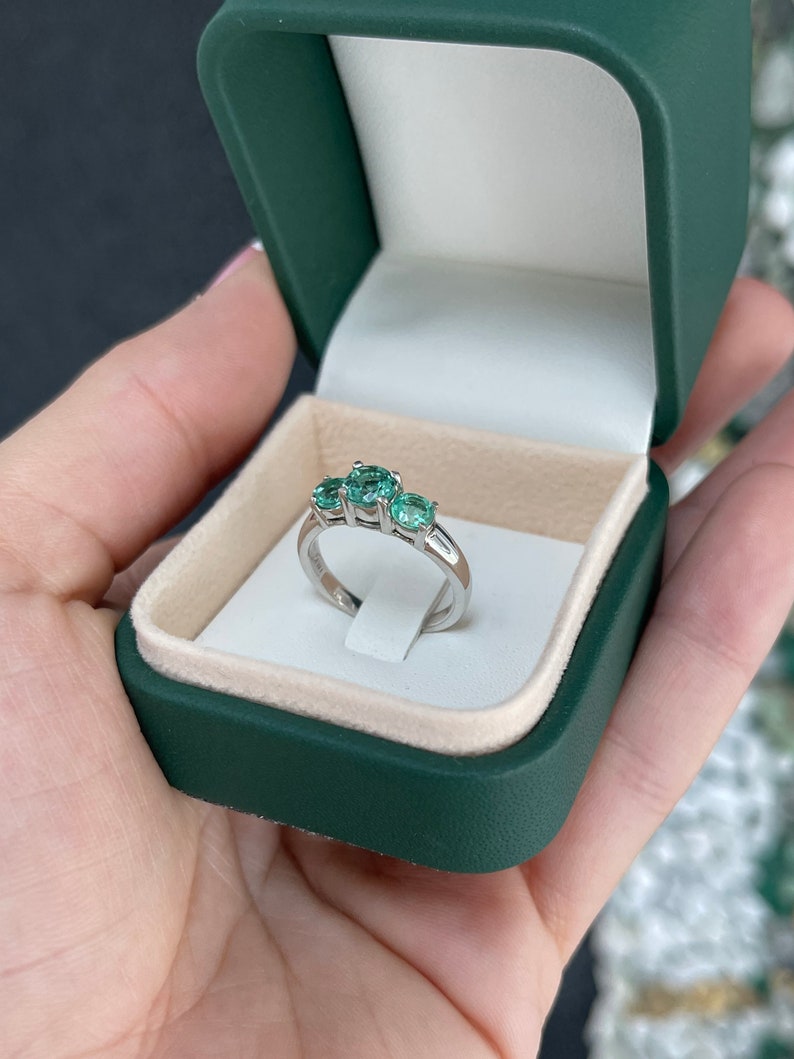 1.65tcw 18K White Gold Prong Emerald Medium Green Round Cut 3 Stone Trilogy Statement Ring - JR Colombian Emeralds