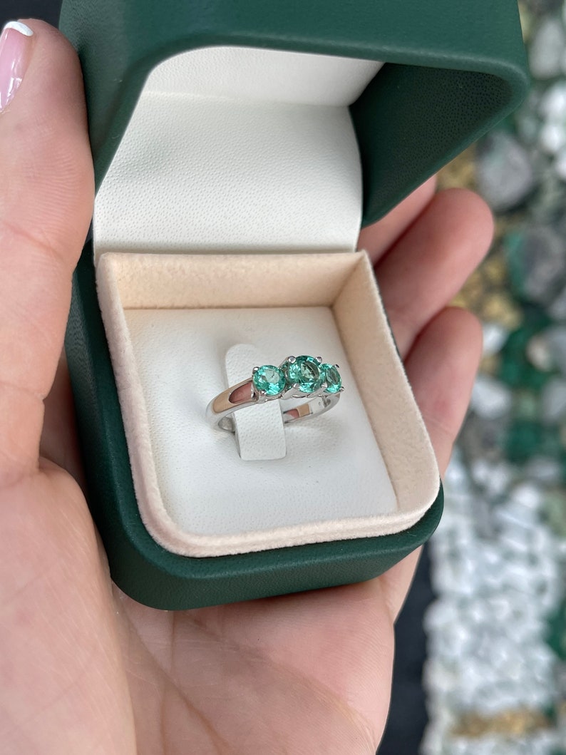1.65tcw 18K White Gold Prong Emerald Medium Green Round Cut 3 Stone Trilogy Statement Ring