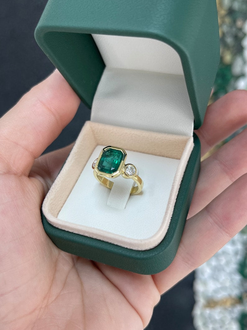 4.14tcw 18K Gold Deep Alpine Green Emerald & Diamond Three Stone Right Hand Engagement Ring - JR Colombian Emeralds