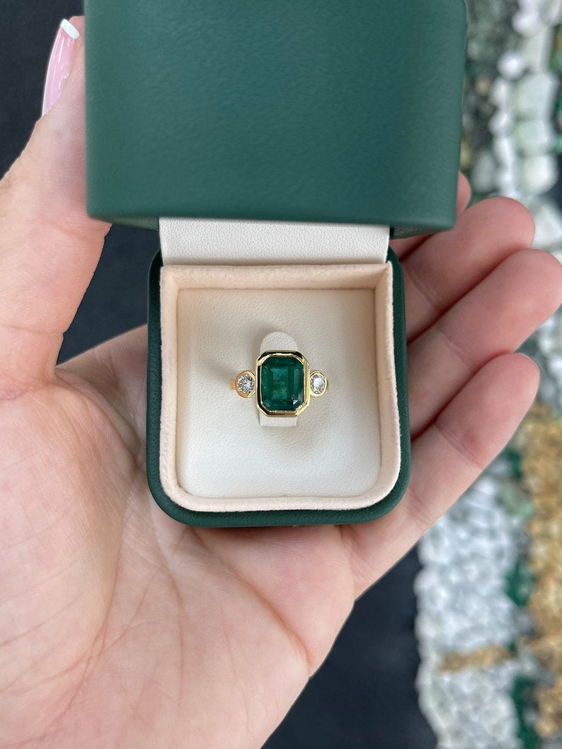 4.14tcw 18K Gold Deep Alpine Green Emerald & Diamond Three Stone Right Hand Engagement Ring - JR Colombian Emeralds