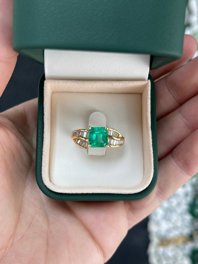 3.22tcw 14K Vivid Rich Electric Green Asscher Cut Emerald & Diamond Engagement Ring