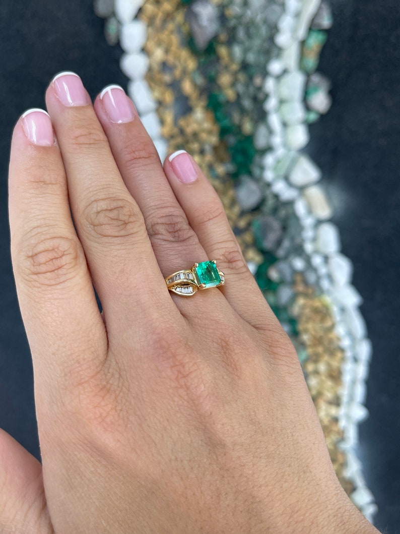 3.22tcw 14K Vivid Rich Electric Green Asscher Cut Emerald & Diamond Engagement Ring