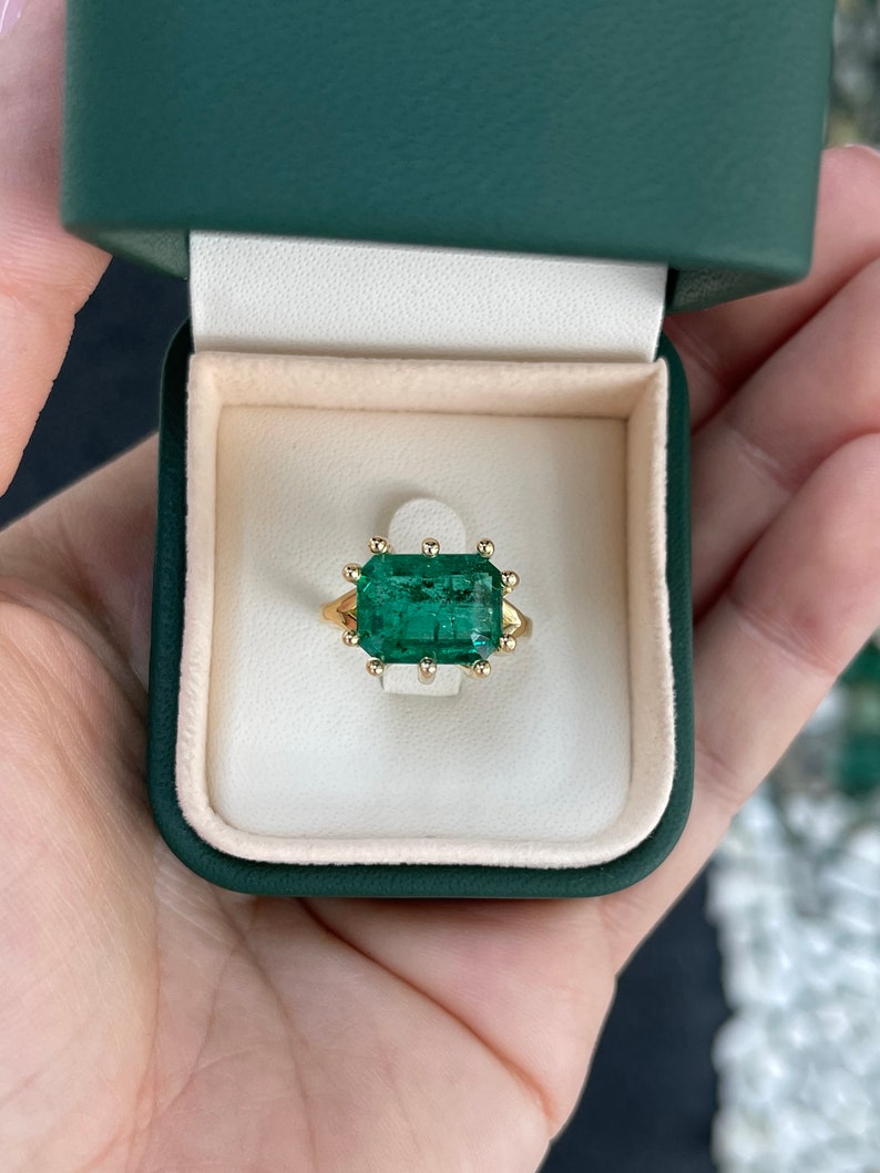 6.12ct 18K Funky 10 Prong Deep Rich Green Emerald Solitaire Offset Prong Gold Ring - JR Colombian Emeralds