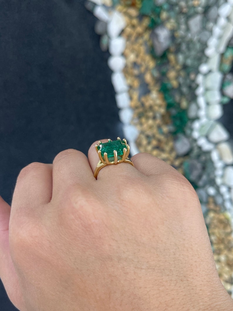 6.12ct 18K Funky 10 Prong Deep Rich Green Emerald Solitaire Offset Prong Gold Ring - JR Colombian Emeralds