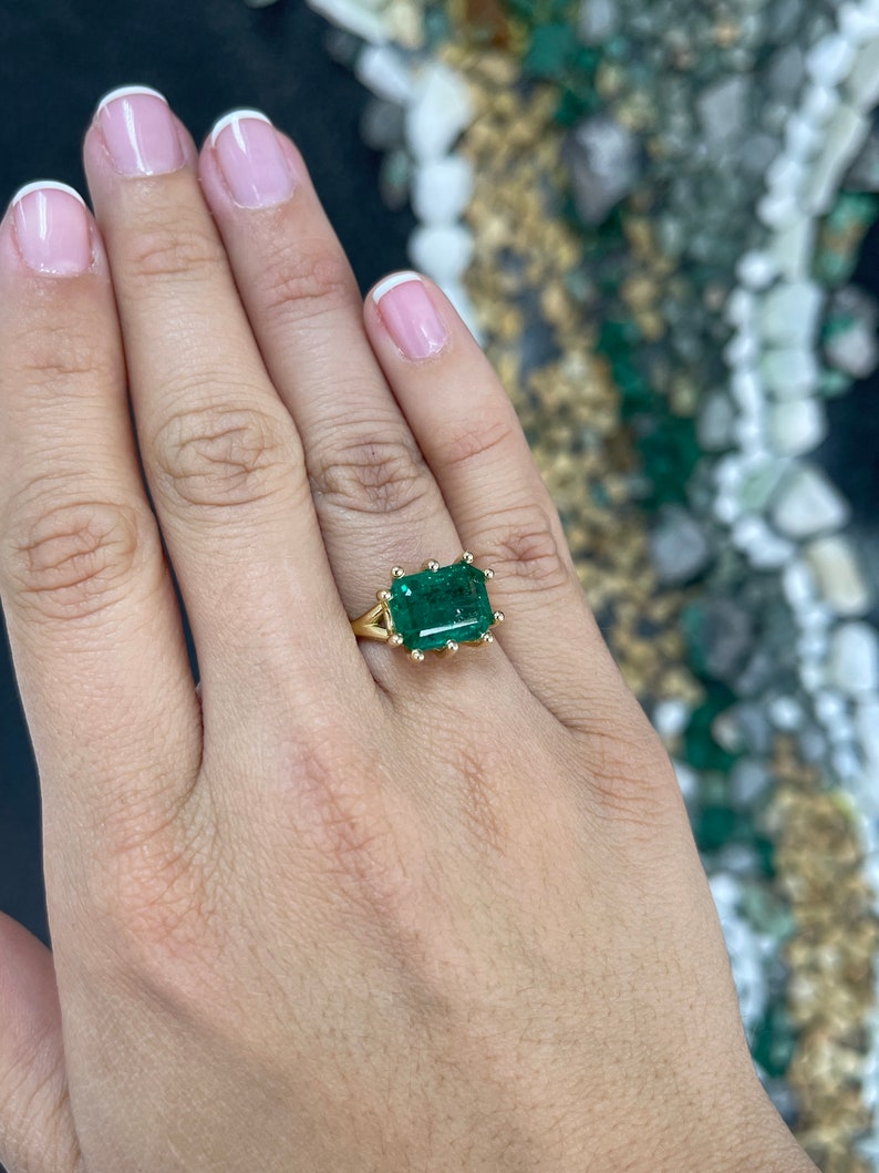 6.12ct 18K Funky 10 Prong Deep Rich Green Emerald Solitaire Offset Prong Gold Ring - JR Colombian Emeralds