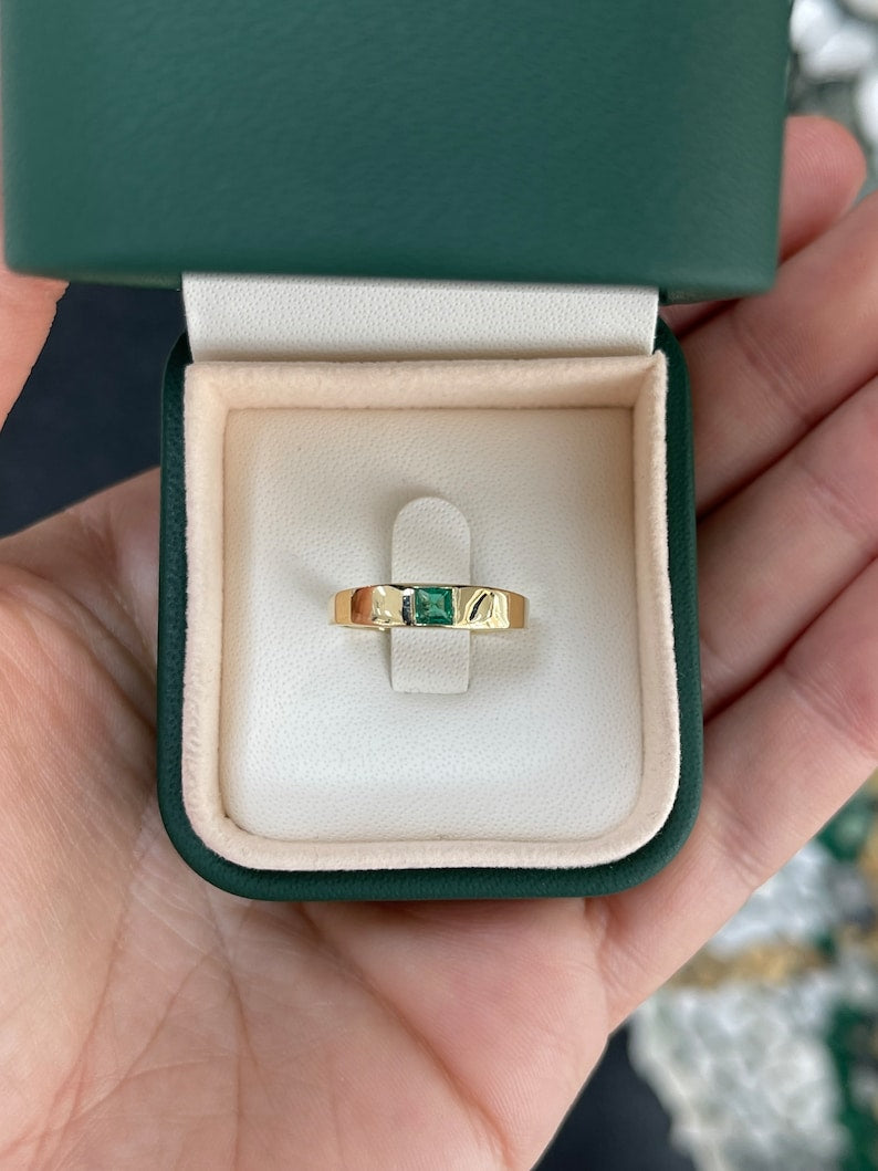 0.40ct 14K Gold Square Princess Cut Emerald Solitaire Stacking Pinky Ring - JR Colombian Emeralds