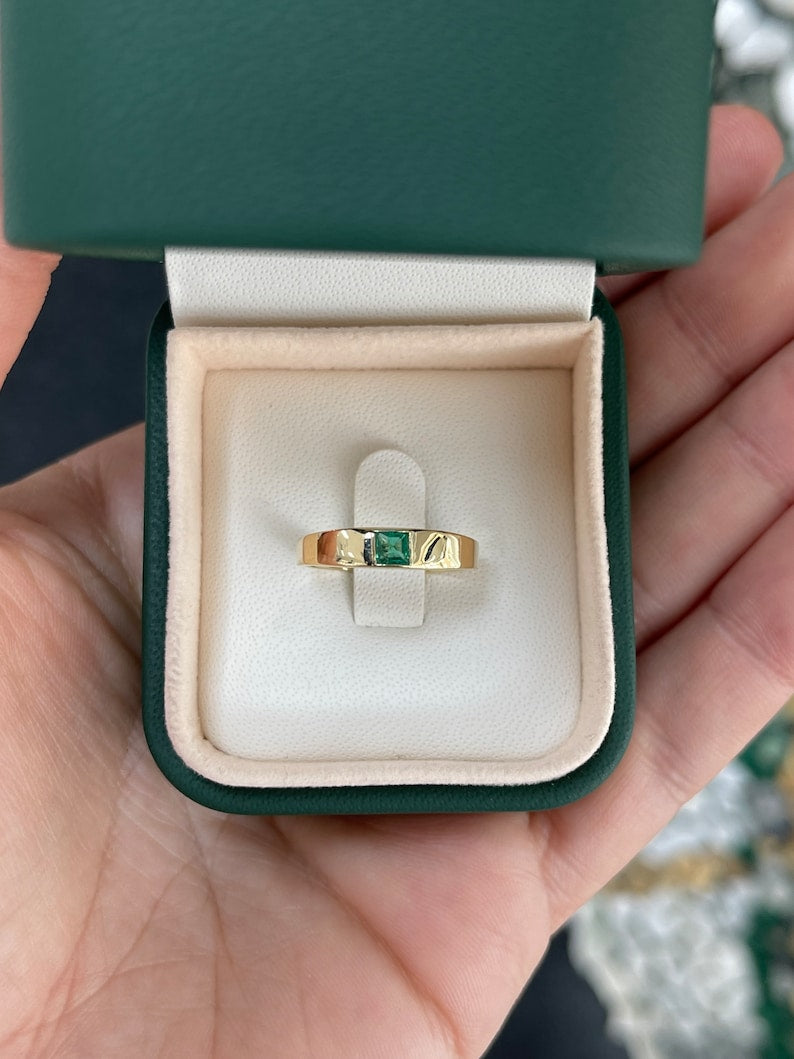 0.40ct 14K Gold Square Princess Cut Emerald Solitaire Stacking Pinky Ring