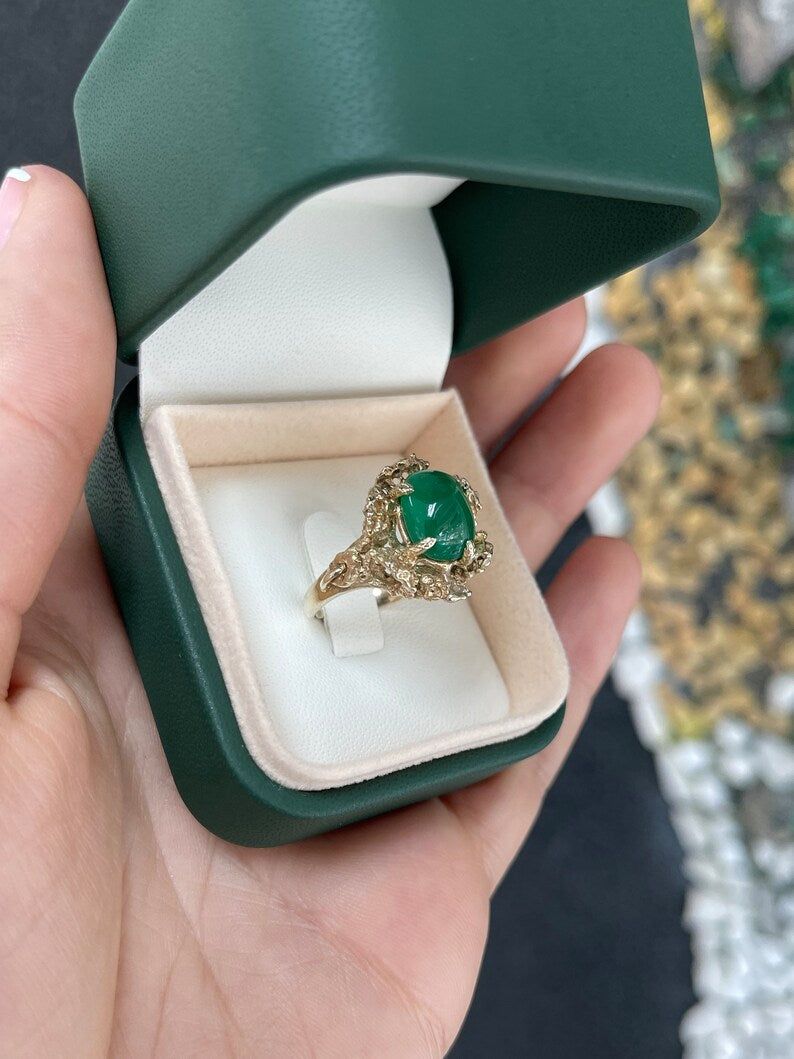 4.65ct 14K Gold Dark Green Sugarloaf Cabochon Emerald Solitaire Floral 585 Gold Ring - JR Colombian Emeralds