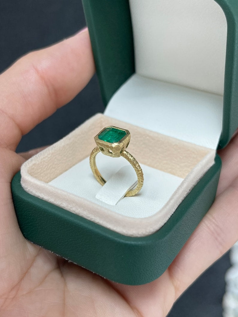 2.05ct 18K Fine Quality Asscher Cut Rich Dark Green Emerald Solitaire Matte Hammered Finish Gold Ring - JR Colombian Emeralds