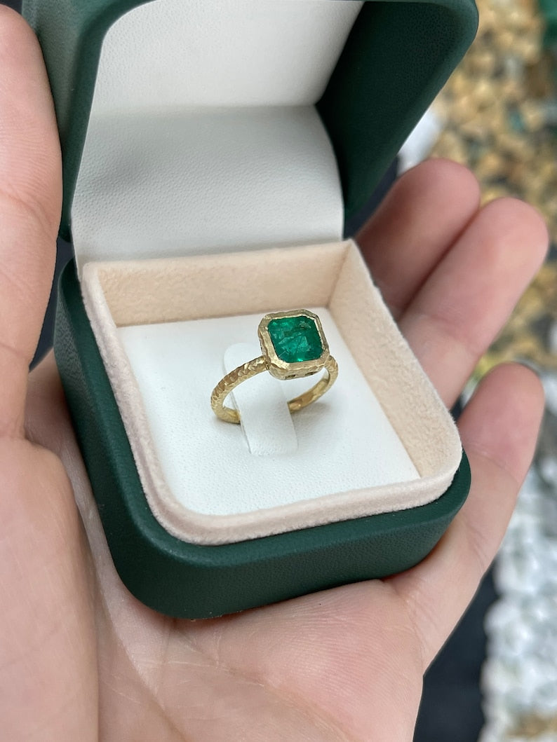 2.05ct 18K Fine Quality Asscher Cut Rich Dark Green Emerald Solitaire Matte Hammered Finish Gold Ring - JR Colombian Emeralds