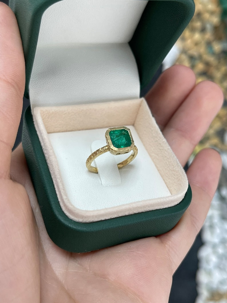 2.05ct 18K Fine Quality Asscher Cut Rich Dark Green Emerald Solitaire Matte Hammered Finish Gold Ring