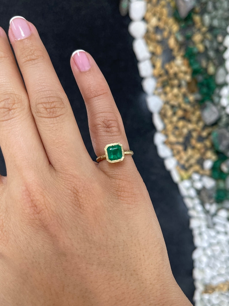 Bezel Set Rich Dark Green Emerald Gold Ring