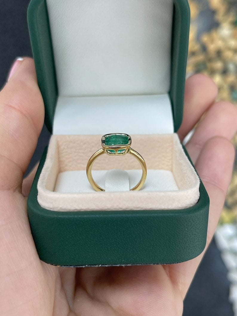 1.68ct 14K Gold Dark Green Cushion Cut Emerald Open Back Right Hand Solitaire Ring - JR Colombian Emeralds