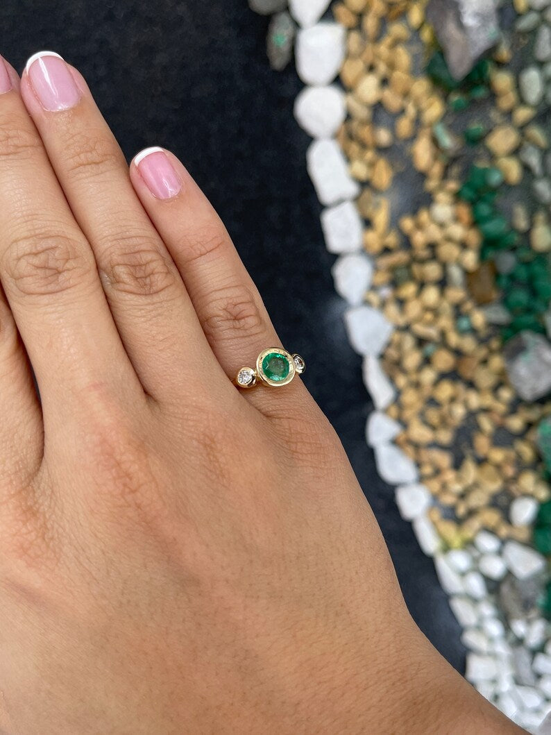1.75tcw 14K Gold Round Cut Medium Spring Green Emerald & Diamond Three Stone Engagement Trilogy Ring