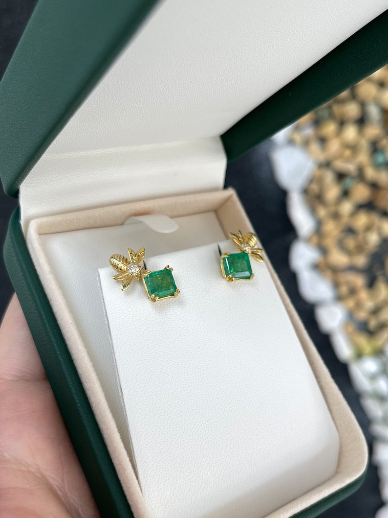 3.65tcw 14K Gold Emerald Asscher Cut Unique Bee Ear Climber Stud Earrings - JR Colombian Emeralds