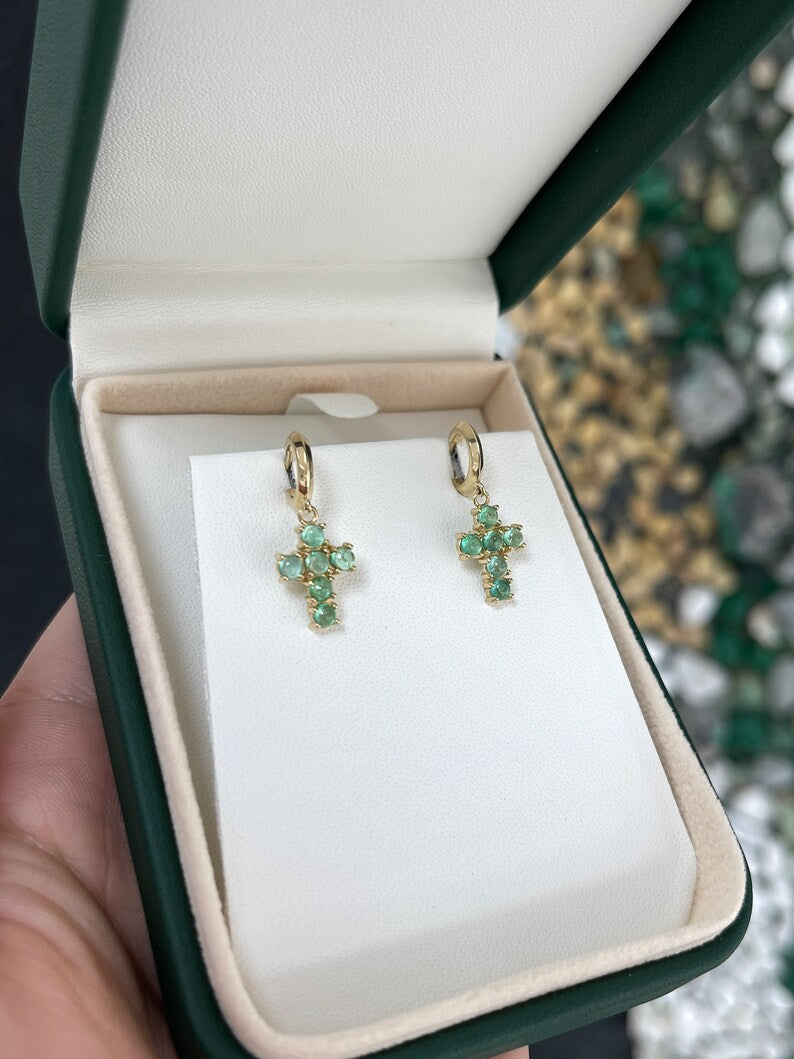 1.10tcw 14K Natural Light Green Emerald Round Cabochon Cut Dangle Cross Earrings