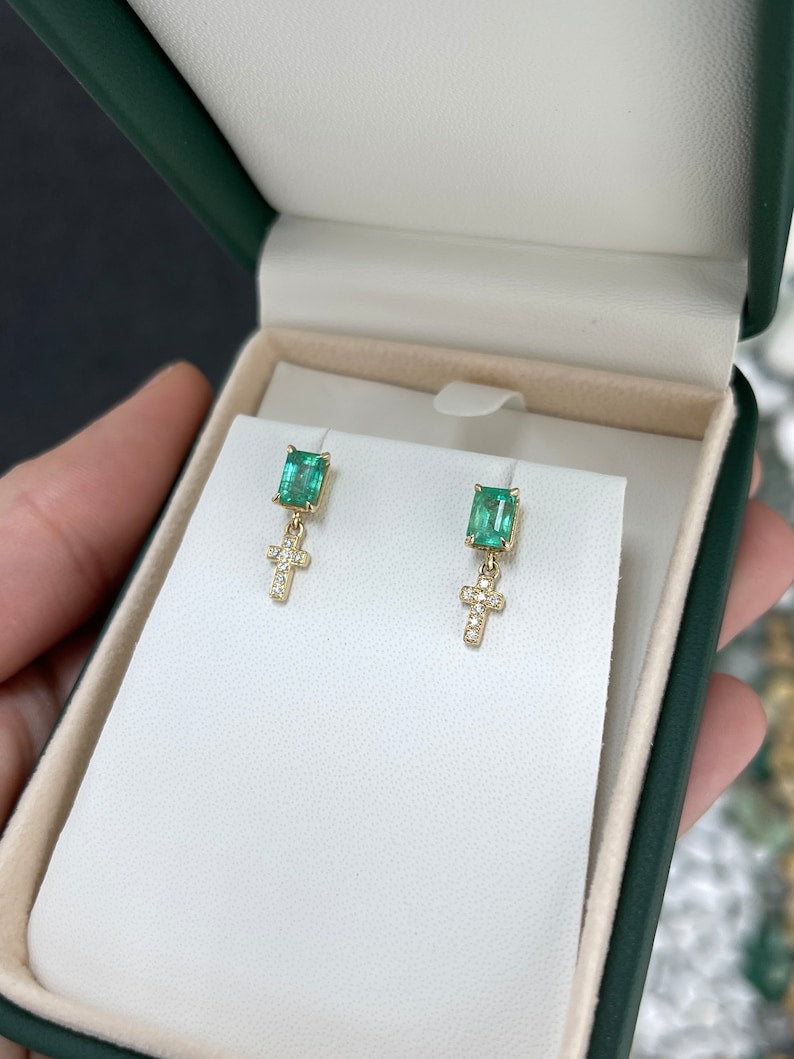 Emerald & Diamond Cross Dangle Stud Earrings