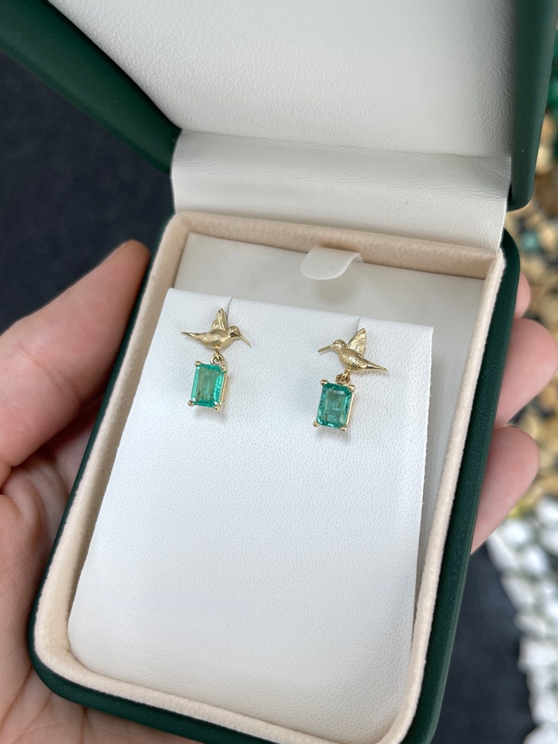 1.90tcw 14K Gold Natural Emerald & Gold Humming Bird Dangle Stud Earrings - JR Colombian Emeralds