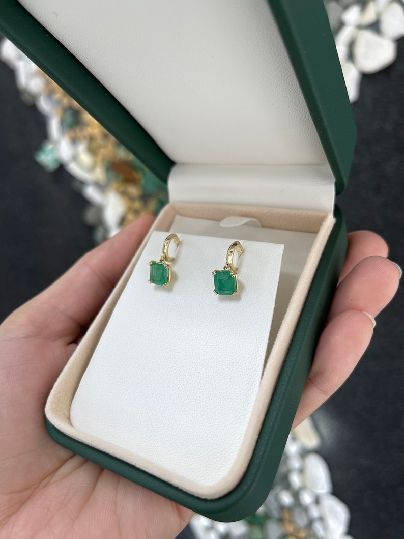 2.80tcw Natural Emerald Asscher Cut Knife-Edge Huggie Dangle Earrings 14K - JR Colombian Emeralds