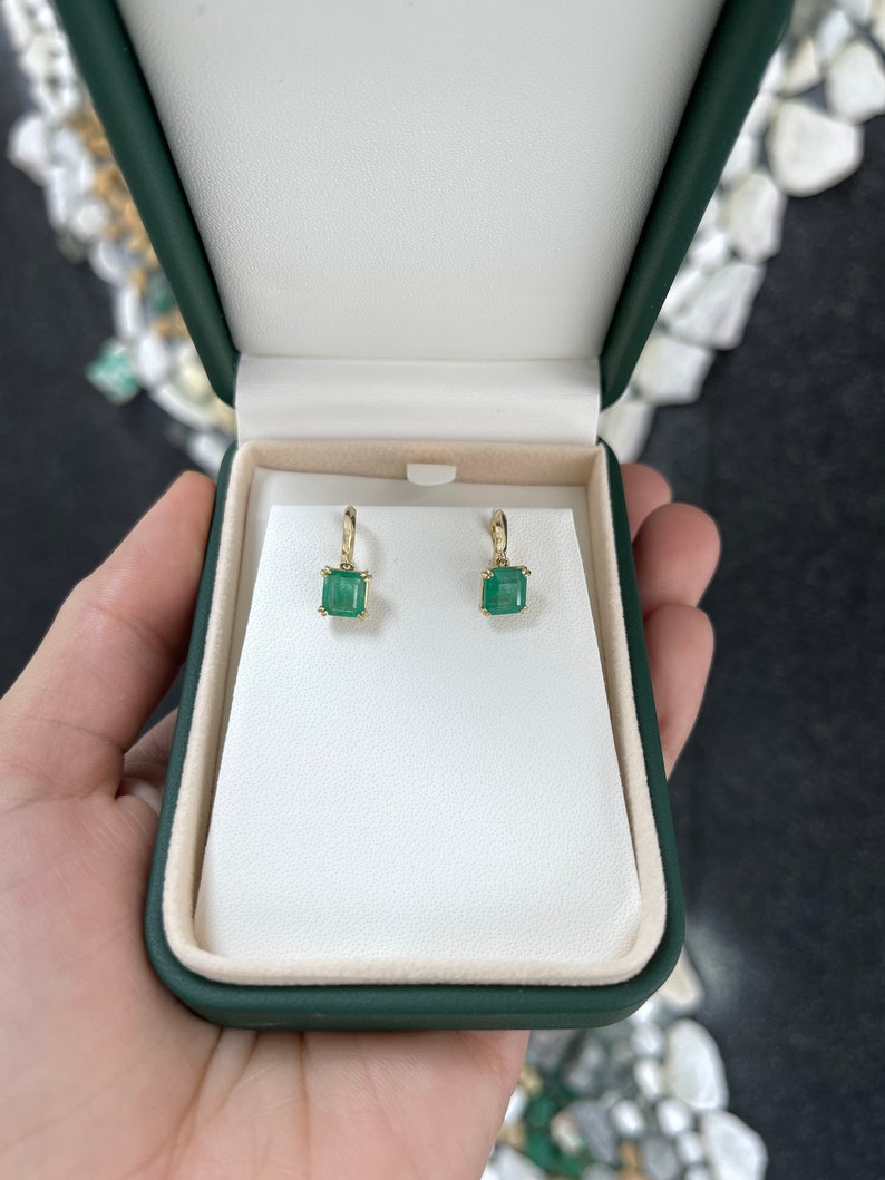 14K Gold Natural Emerald Asscher Cut 10mm Knife-Edge Huggie Earrings