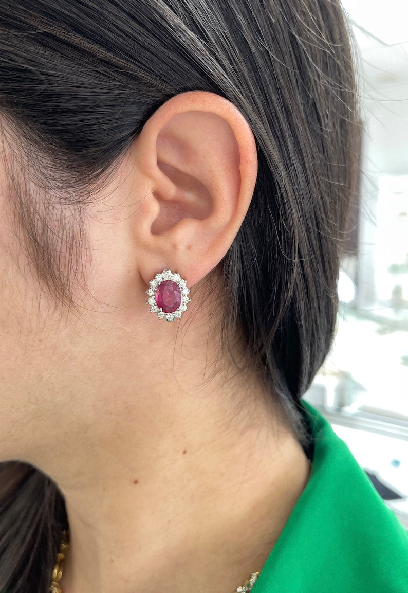 5.17tcw 14K Gold Diamond Pinkish Red Oval Classic Ruby Stud Earrings