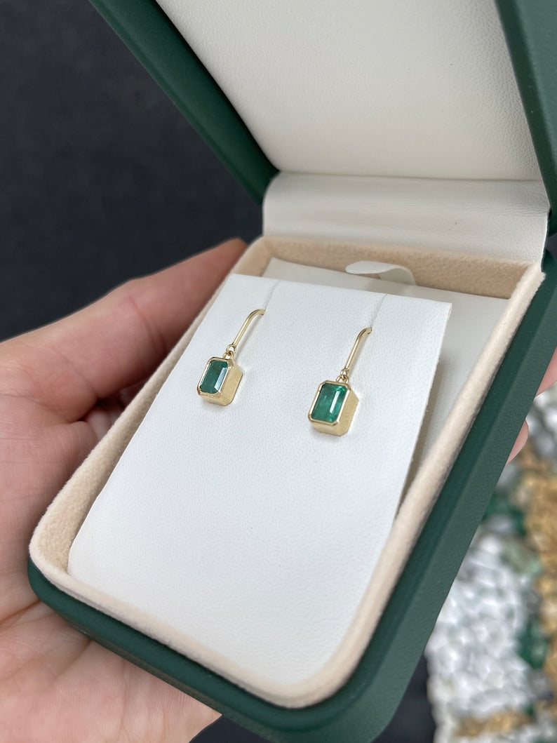 2.20tcw 14K Gold Classic Emerald Cut Ear Wire Back Dangle Pair Earrings - JR Colombian Emeralds