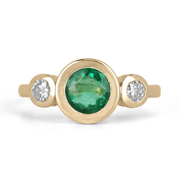 Trilogy Elegance: 1.75tcw Round Cut Medium Spring Green Emerald & Diamond Three Stone Engagement Ring in 14K Gold