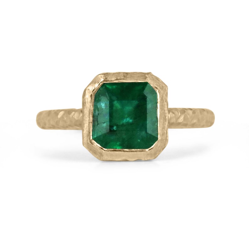 Emerald Solitaire Matte Hammered Finish Gold Ring