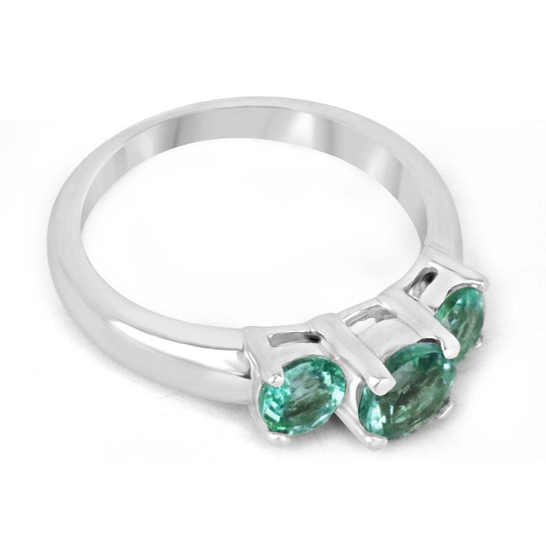 1.65tcw 18K White Gold Prong Emerald Round Cut 3 Stone Ring