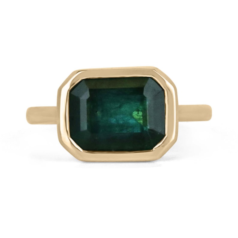 Stunning 4.28 Carat Dark Alpine Green Emerald Solitaire Engagement Ring in 14K Gold