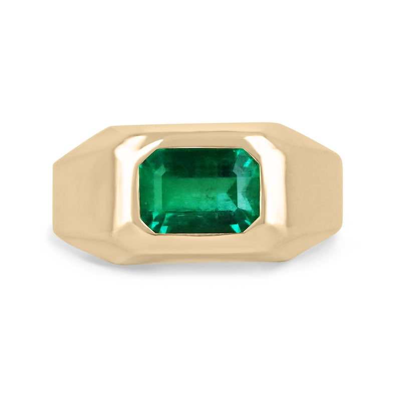 2.70ct Muzo Green Emerald Ring in 14K Yellow Gold, East-West Solitaire Design.