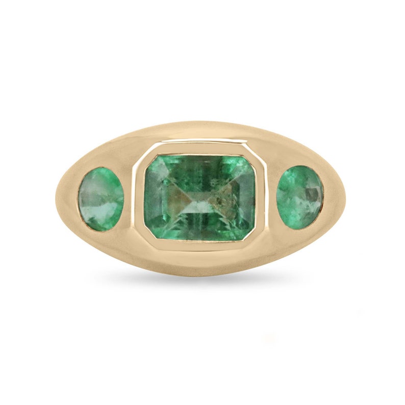 14K Gold Ring with 3.11tcw Emerald and Oval Cut Stones in a Medium Green Trilogy Design