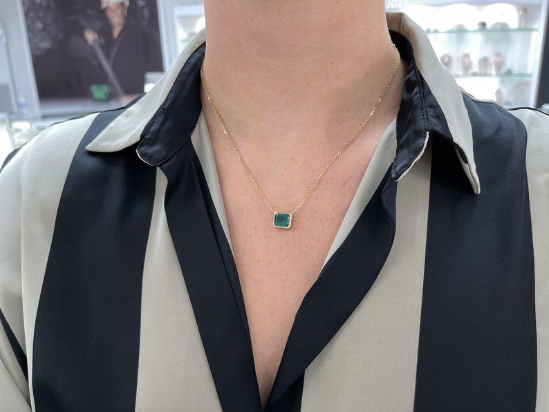 4.20 Carat East to West Deep Bluish Green Emerald Cut Bezel Set Necklace 14K - JR Colombian Emeralds