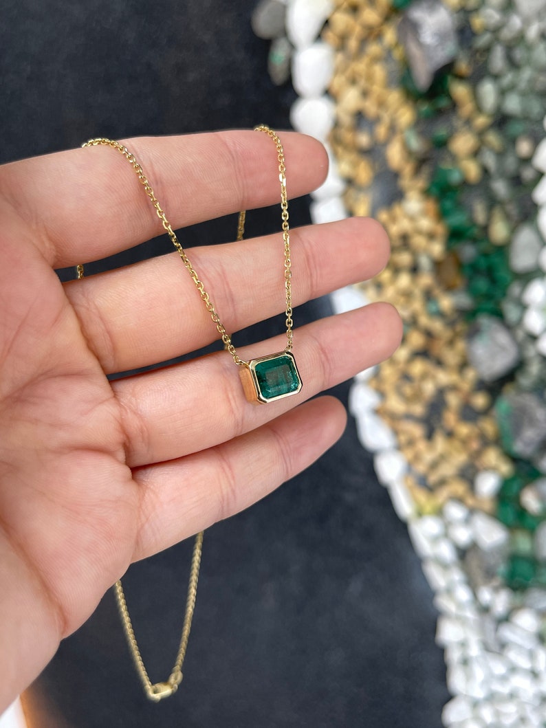 4.20 Carat East to West Deep Bluish Green Emerald Cut Bezel Set Necklace 14K - JR Colombian Emeralds