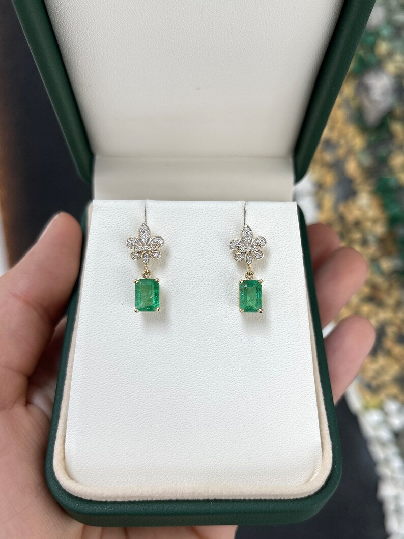 2.55tcw 14K Natural Medium Yellowish Green Emerald & Diamond Fleur De Lis Dangle Earrings - JR Colombian Emeralds