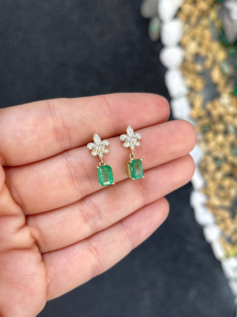 Dangling Earrings with Medium Yellow-Green Emeralds & Diamonds, Totaling 2.55 Carats in 14K Gold