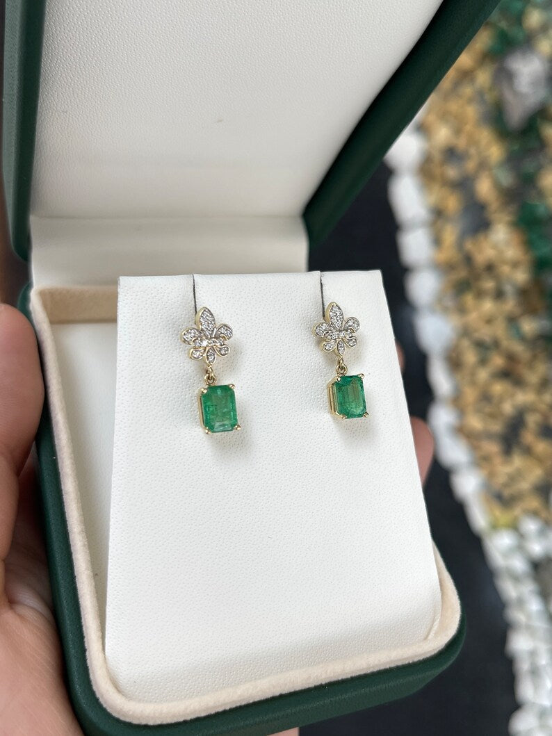 2.55tcw 14K Natural Medium Yellowish Green Emerald & Diamond Fleur De Lis Dangle Earrings - JR Colombian Emeralds