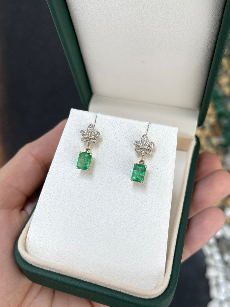 2.55tcw 14K Natural Medium Yellowish Green Emerald & Diamond Fleur De Lis Dangle Earrings - JR Colombian Emeralds