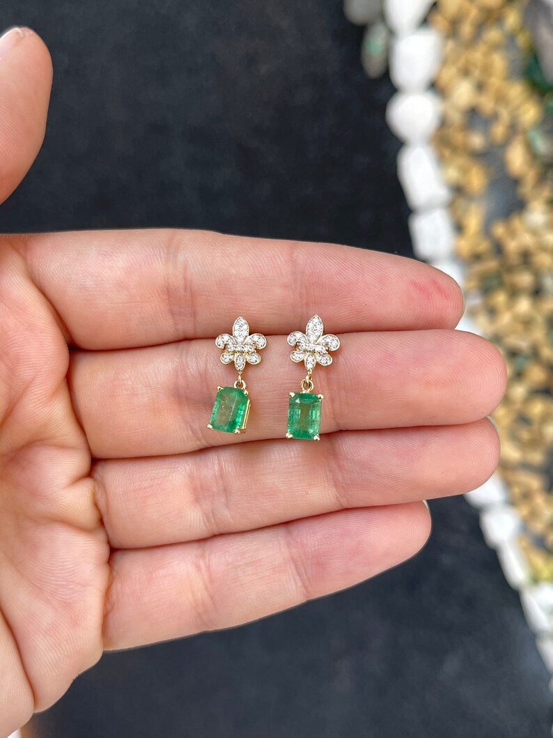 Fleur De Lis Drop Earrings in 14K Gold Featuring 2.55tcw Medium Yellowish-Green Emeralds and Diamonds