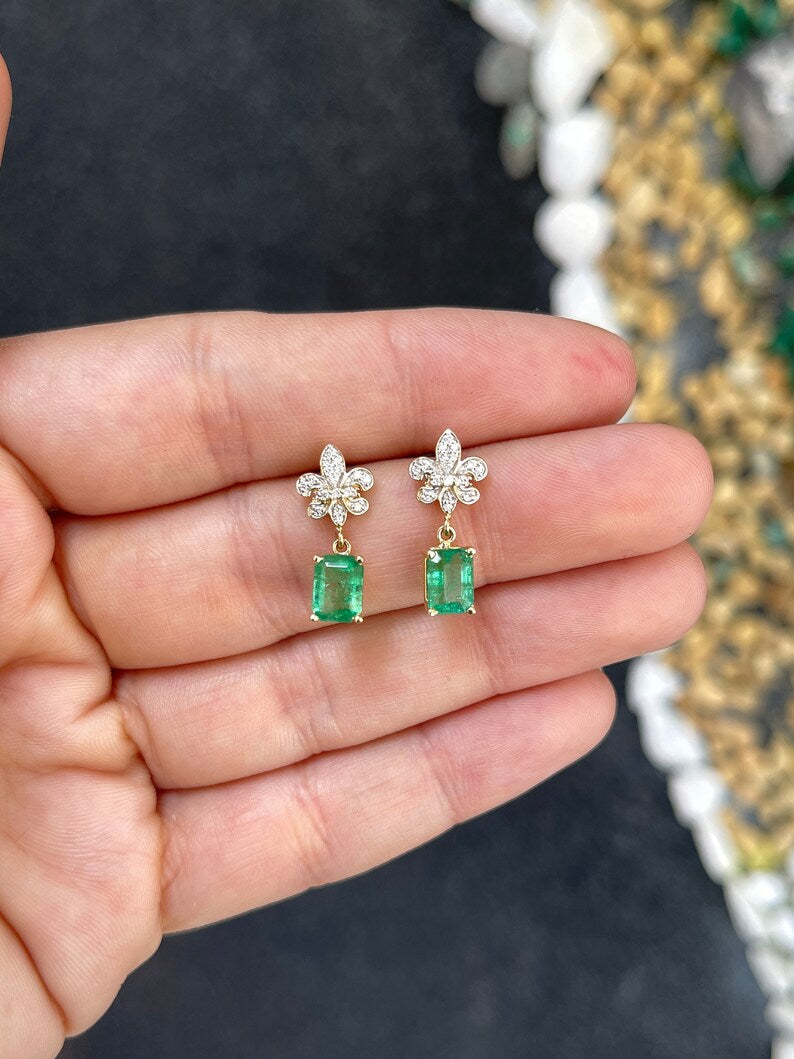 14K Gold Earrings with 2.55 Carat Natural Emeralds & Diamonds in a Fleur De Lis Design