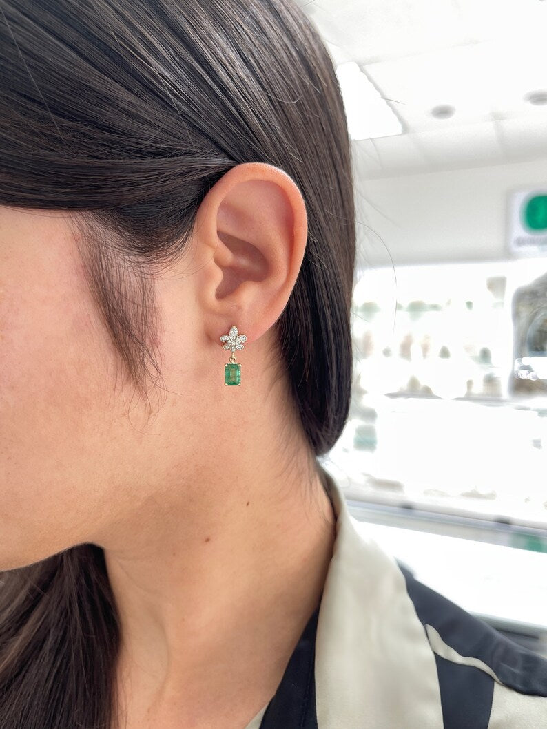 2.55tcw 14K Natural Medium Yellowish Green Emerald & Diamond Fleur De Lis Dangle Earrings