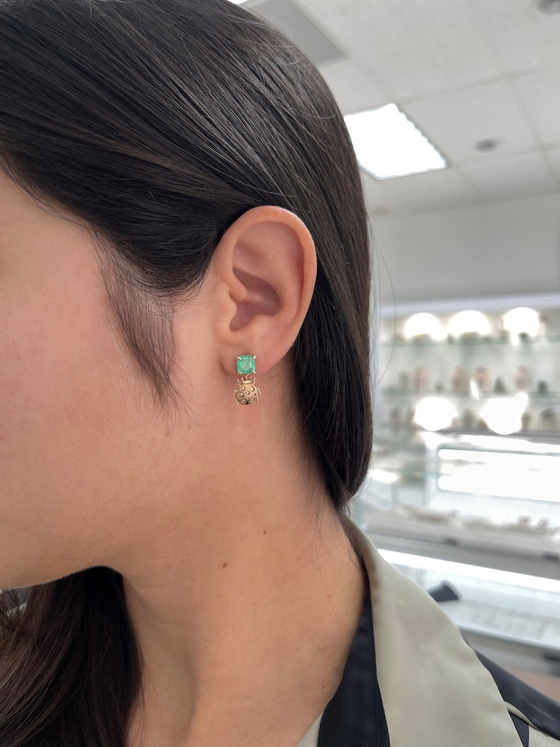 2.0tcw 14K Medium Green Emerald Asscher Cut & Rose Gold Lady Bug Dangle Earrings - JR Colombian Emeralds