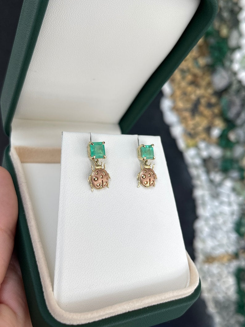 Dangle Earrings: 2.0tcw Emeralds in 14K Rose Gold with Asscher Cut