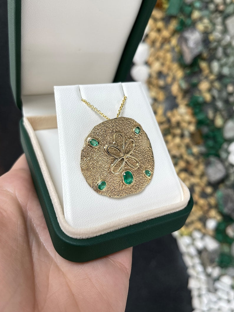 2.10tcw 14K Natural Ocean Emerald Sand Oval Cut Dollar Gold Pendant Necklace - JR Colombian Emeralds