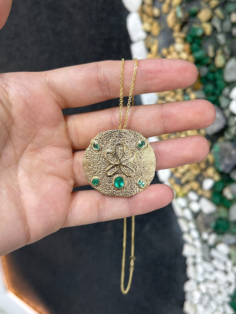 2.10tcw 14K Natural Ocean Emerald Sand Oval Cut Dollar Gold Pendant Necklace - JR Colombian Emeralds