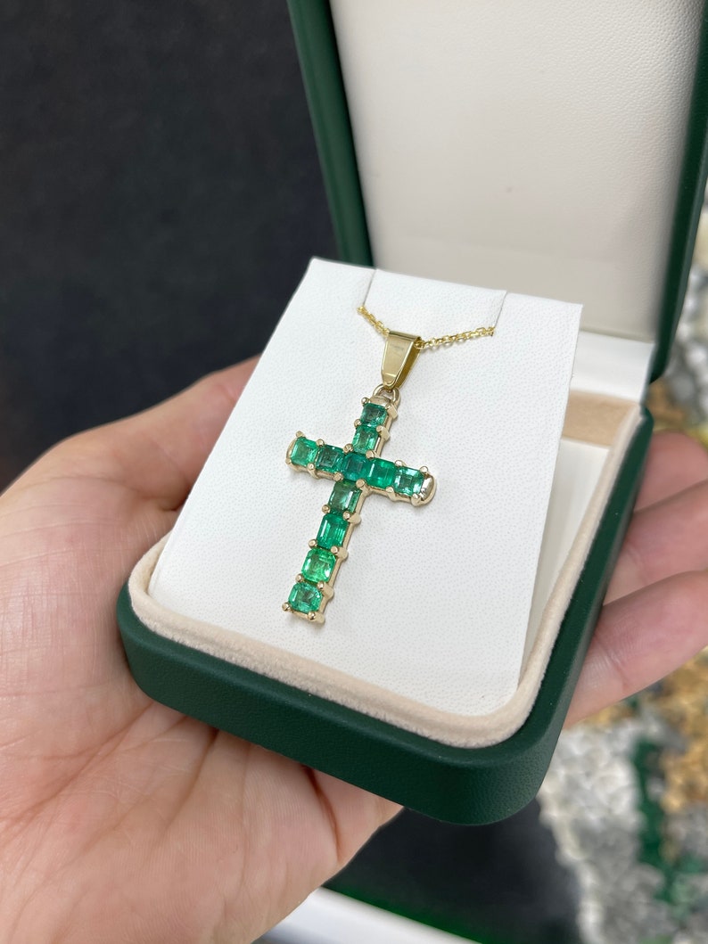 5.0tcw Asscher-Cut Emerald Cross Pendant in 14K Gold - Perfect Unisex Jewelry Piece
