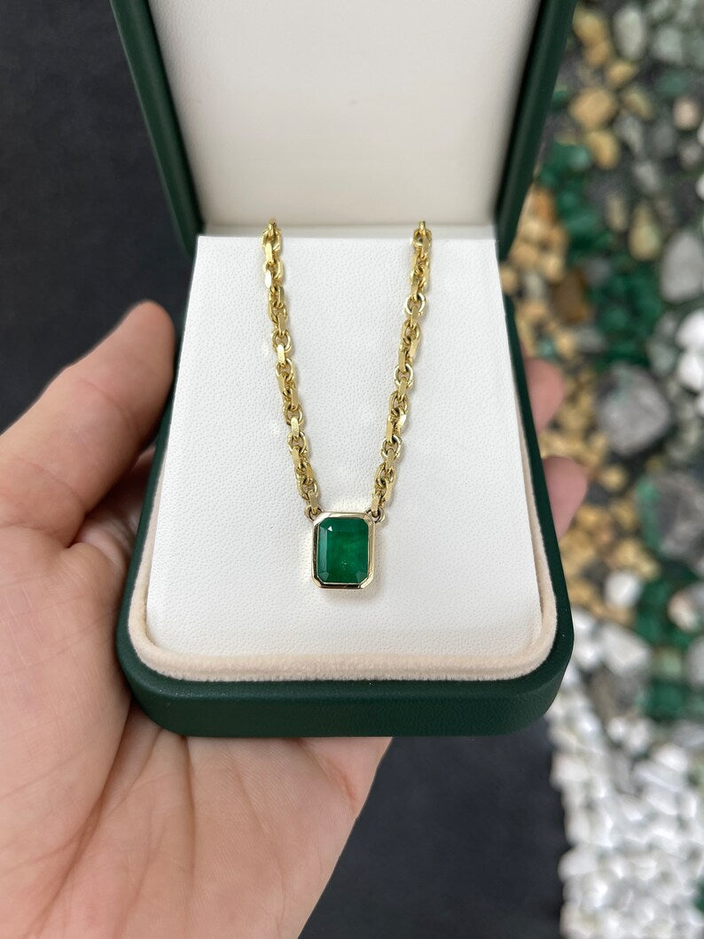 3.45ct 14K Gold Dark Green Natural Emerald Cut Necklace