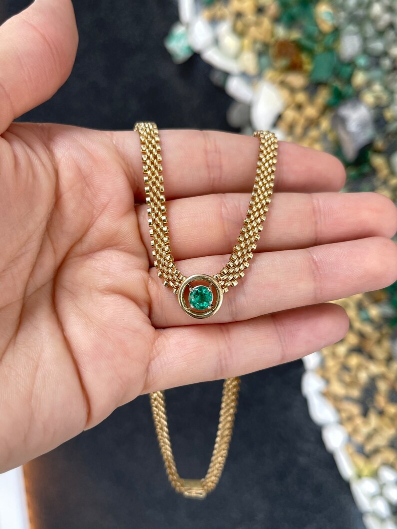 1.04ct 14K 5.5mm Thick Chain in 585 Gold AAA Round Cut Vivid Green Emerald Choker Retro Fancy Link Necklace