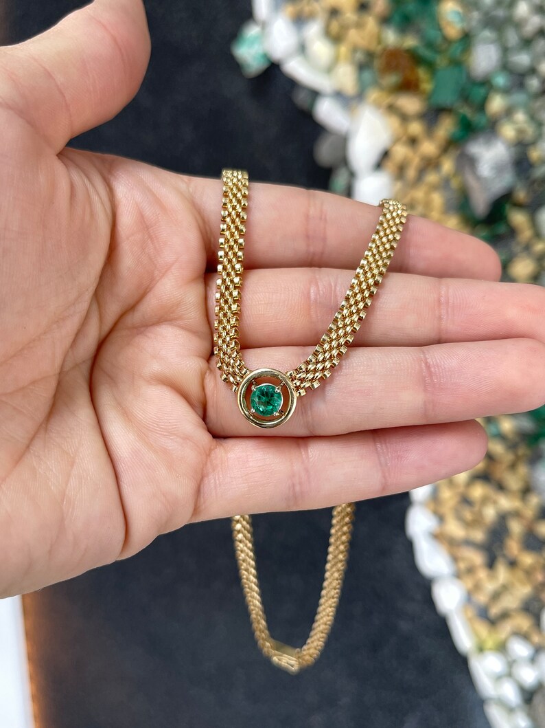 1.04ct 14K 5.5mm Thick Chain in 585 Gold AAA Round Cut Vivid Green Emerald Choker Retro Fancy Link Necklace